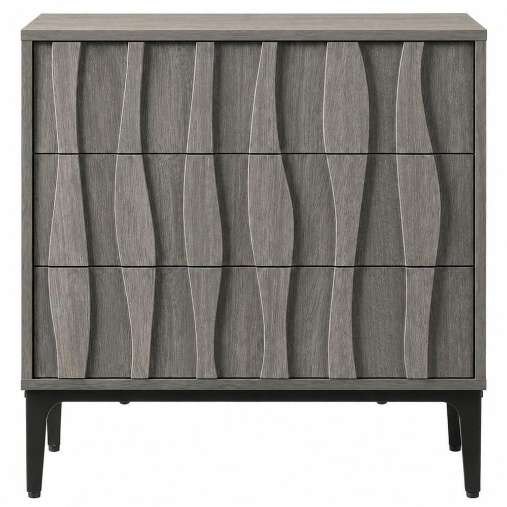 26" Gray Wood Carved Abstract Three Drawer Nightstand