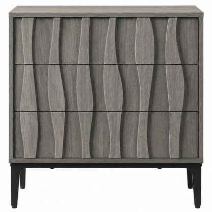 26" Gray Wood Carved Abstract Three Drawer Nightstand