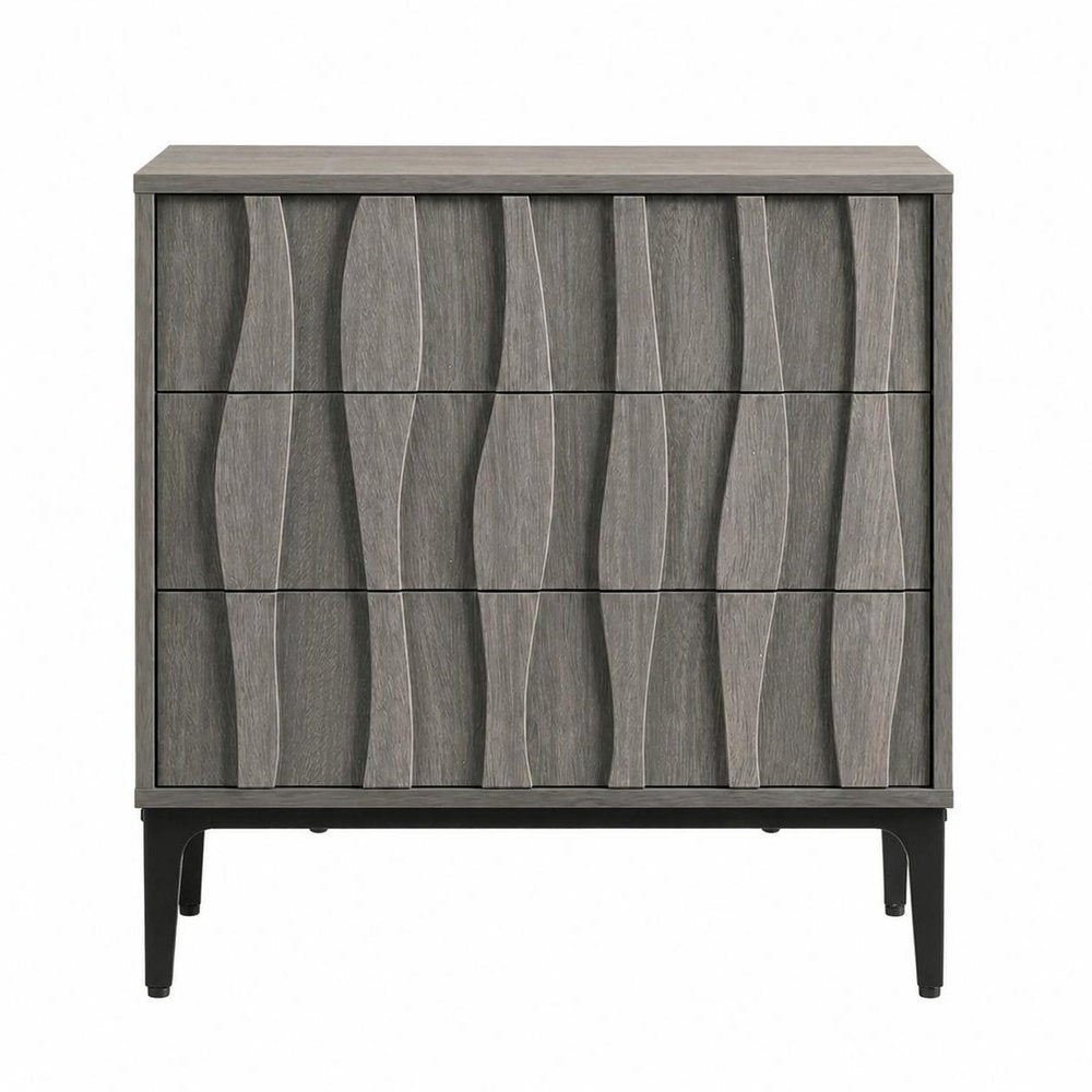26" Gray Wood Carved Abstract Three Drawer Nightstand — view 13