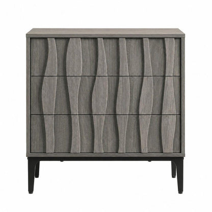 26" Gray Wood Carved Abstract Three Drawer Nightstand
