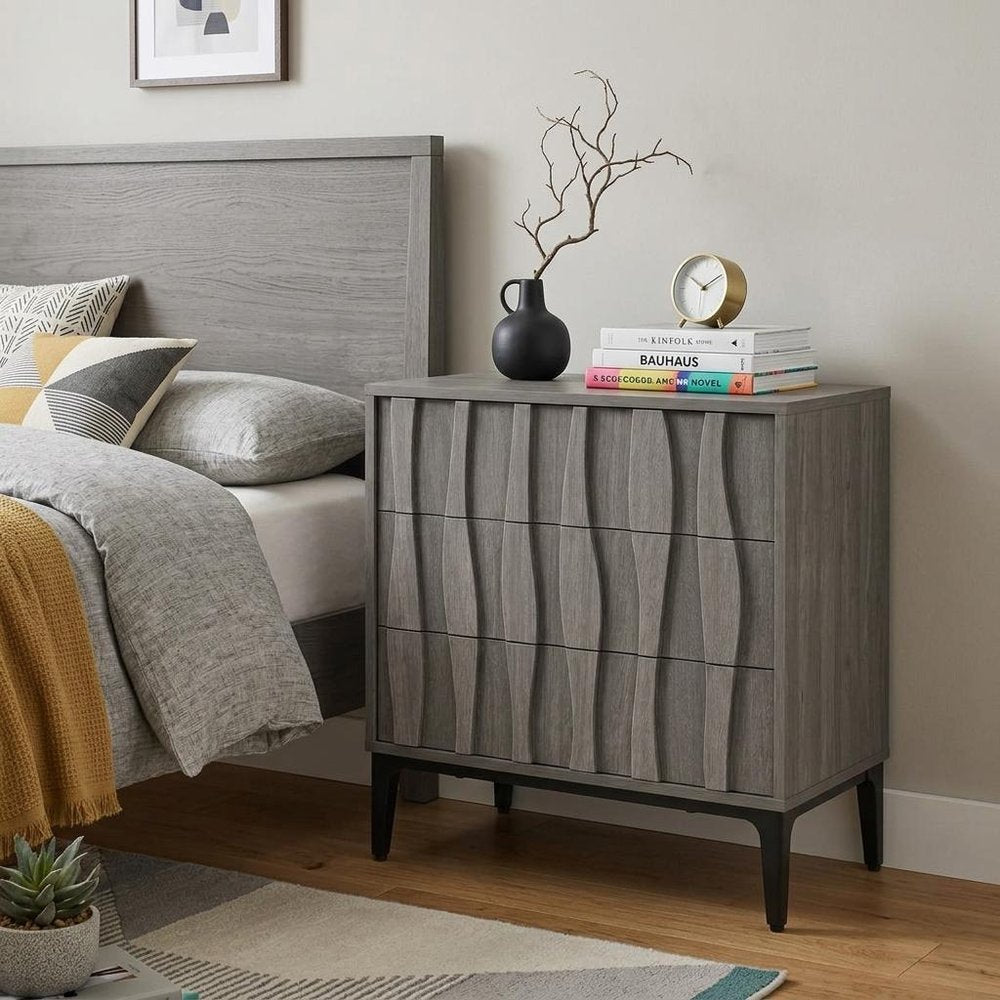 26" Gray Wood Carved Abstract Three Drawer Nightstand — view 14
