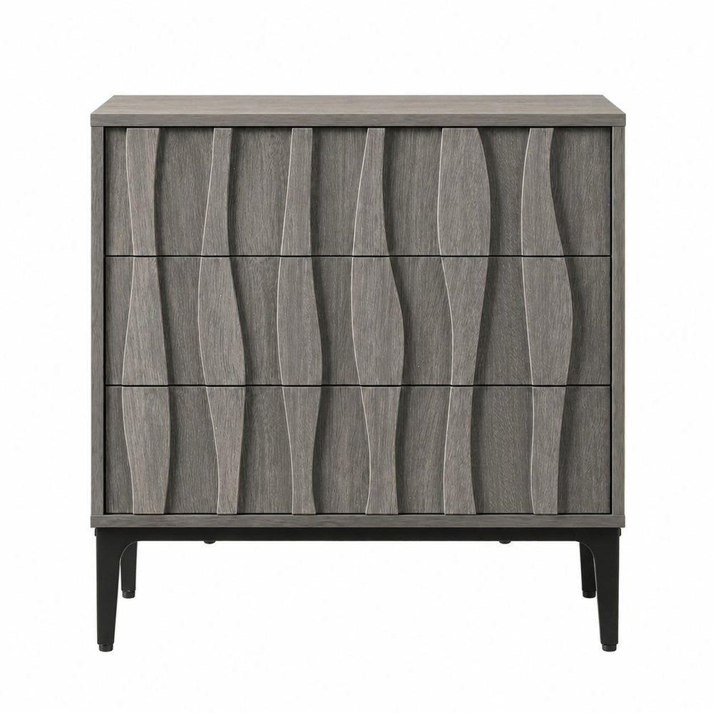 26" Gray Wood Carved Abstract Three Drawer Nightstand