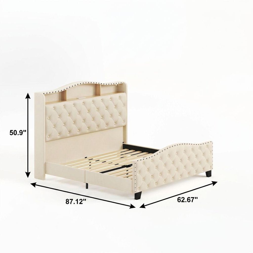 Beige Tufted Velvet Upholstered Queen Bed Frame With Lights USB And Shelves HomeRoots