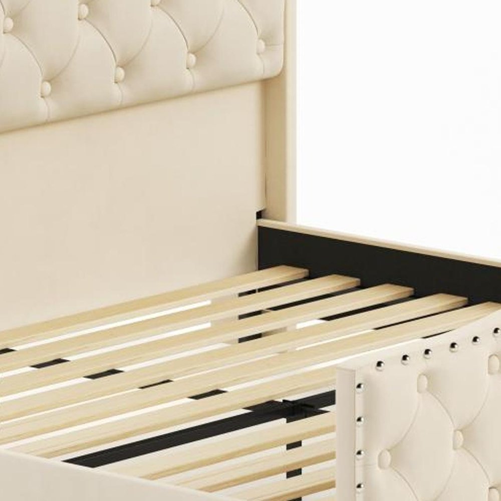 Beige Tufted Velvet Upholstered Queen Bed Frame With Lights USB And Shelves — view 3