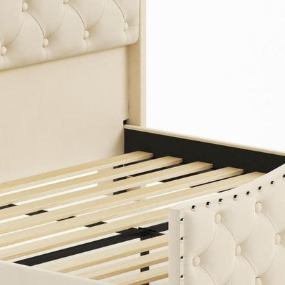 Beige Tufted Velvet Upholstered Queen Bed Frame With Lights USB And Shelves HomeRoots