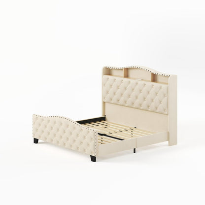 Beige Tufted Velvet Upholstered Queen Bed Frame With Lights USB And Shelves HomeRoots