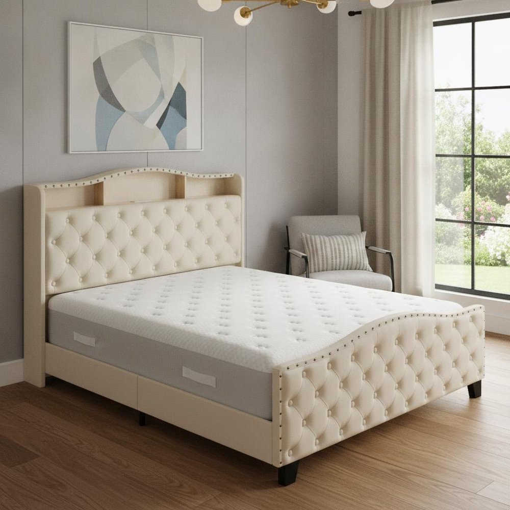 Beige Tufted Velvet Upholstered Queen Bed Frame With Lights USB And Shelves — view 6