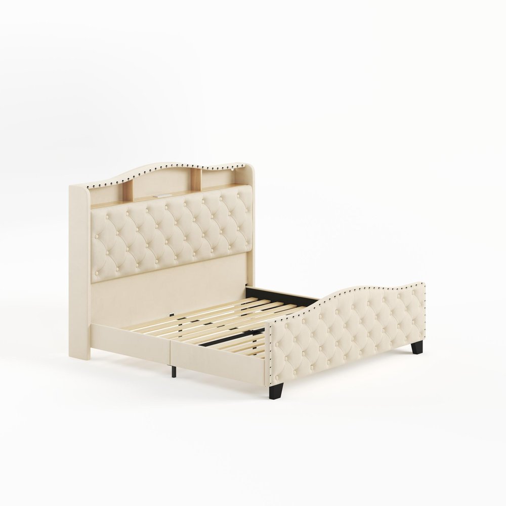 Beige Tufted Velvet Upholstered Queen Bed Frame With Lights USB And Shelves — view 1