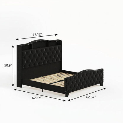Black Tufted Velvet Upholstered King Bed Frame With Lights USB And Shelves HomeRoots