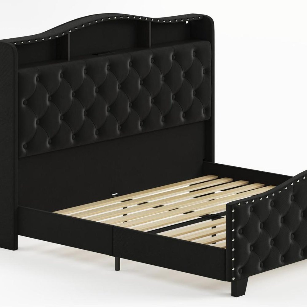 Black Tufted Velvet Upholstered King Bed Frame With Lights USB And Shelves HomeRoots