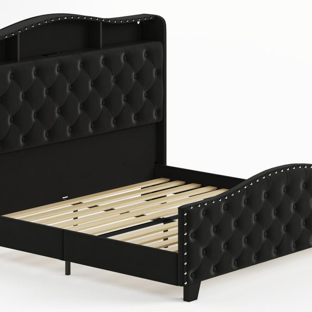 Black Tufted Velvet Upholstered King Bed Frame With Lights USB And Shelves — view 4
