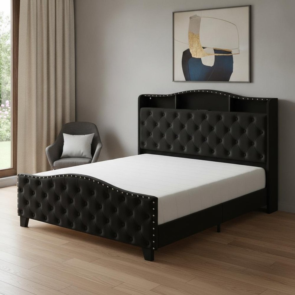 Black Tufted Velvet Upholstered King Bed Frame With Lights USB And Shelves HomeRoots