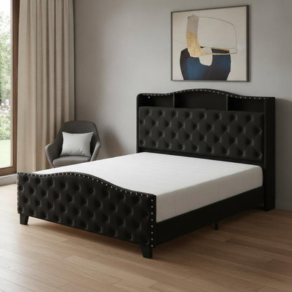 Black Tufted Velvet Upholstered King Bed Frame With Lights USB And Shelves HomeRoots