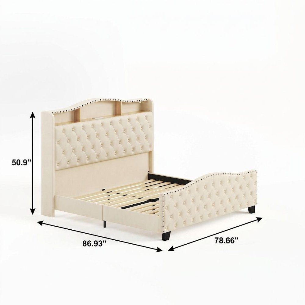 Beige Tufted Velvet Upholstered Queen Bed Frame With Lights USB And Shelves — view 8