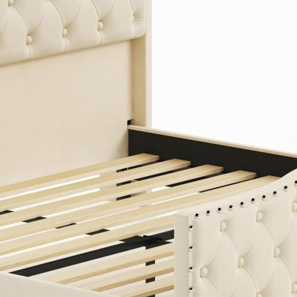Beige Tufted Velvet Upholstered Queen Bed Frame With Lights USB And Shelves — view 9
