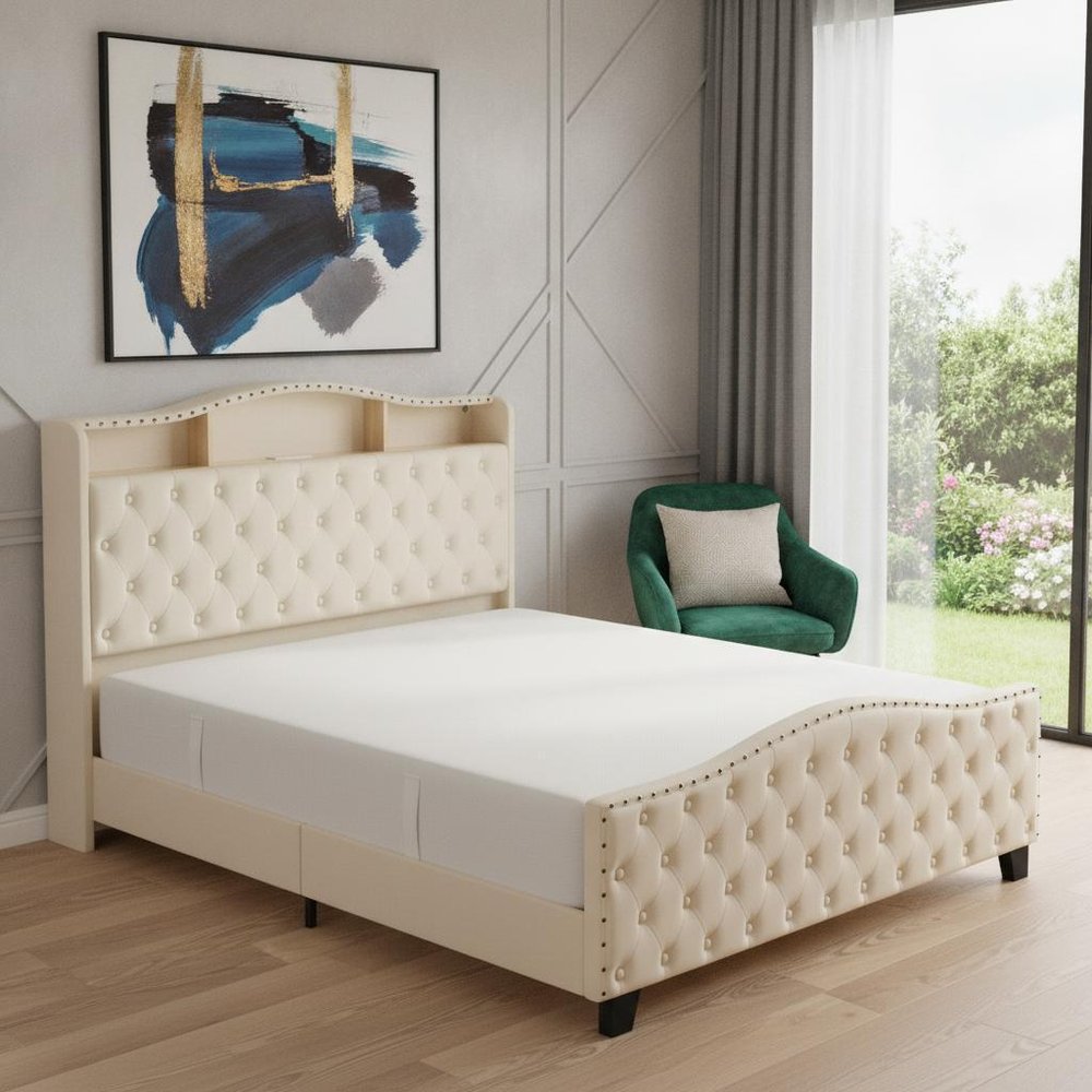 Beige Tufted Velvet Upholstered Queen Bed Frame With Lights USB And Shelves — view 12