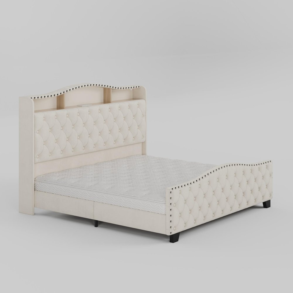 Beige Tufted Velvet Upholstered Queen Bed Frame With Lights USB And Shelves — view 7