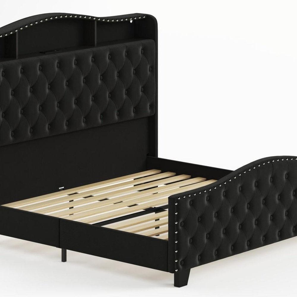 Black Tufted Velvet Upholstered King Bed Frame With Lights USB And Shelves — view 10
