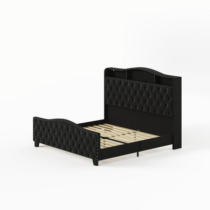 Black Tufted Velvet Upholstered King Bed Frame With Lights USB And Shelves HomeRoots