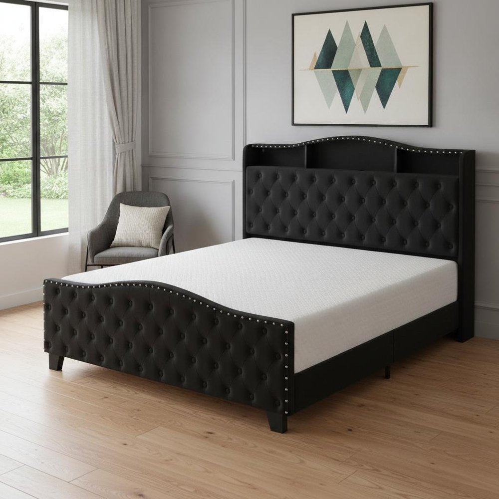 Black Tufted Velvet Upholstered King Bed Frame With Lights USB And Shelves — view 12