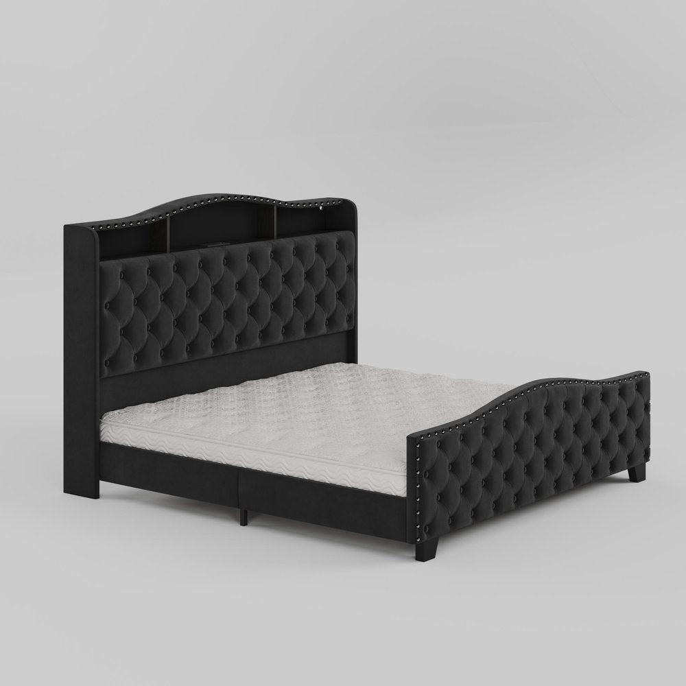 Black Tufted Velvet Upholstered King Bed Frame With Lights USB And Shelves HomeRoots