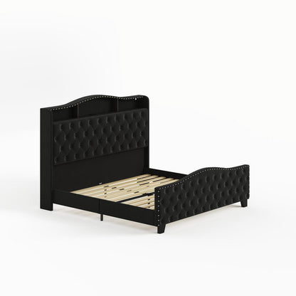 Black Tufted Velvet Upholstered King Bed Frame With Lights USB And Shelves HomeRoots