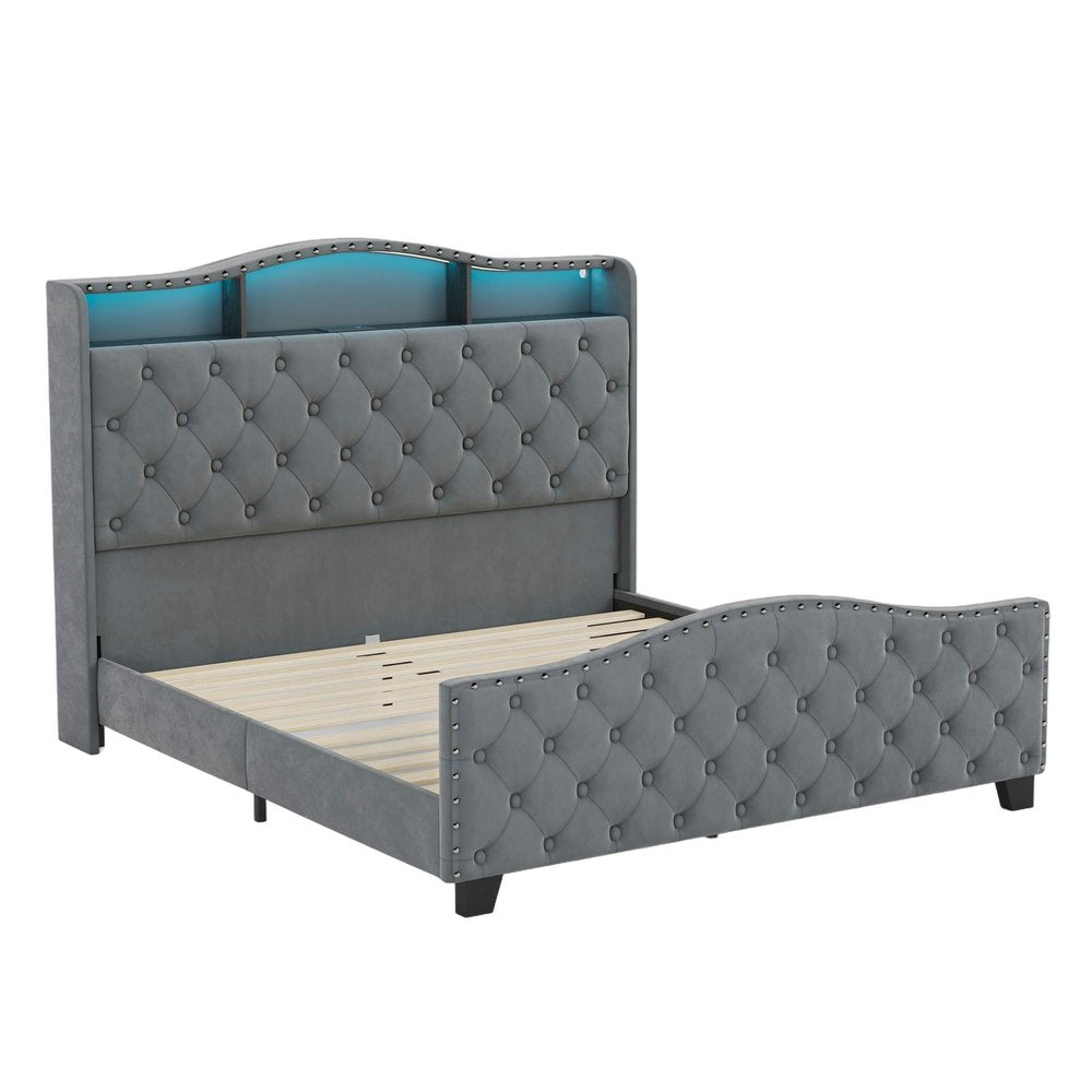 Gray Tufted Velvet Upholstered Queen Bed Frame With Lights USB And Shelves HomeRoots