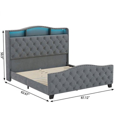 Gray Tufted Velvet Upholstered Queen Bed Frame With Lights USB And Shelves HomeRoots