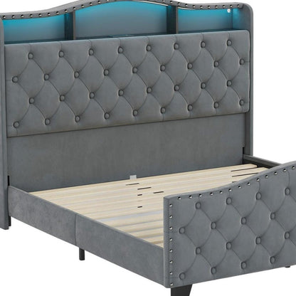 Gray Tufted Velvet Upholstered Queen Bed Frame With Lights USB And Shelves HomeRoots