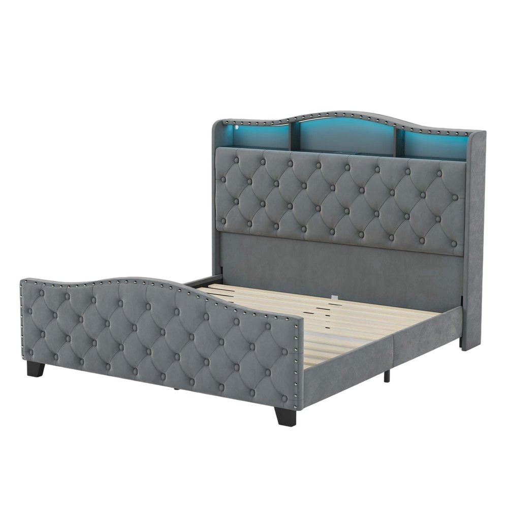 Gray Tufted Velvet Upholstered Queen Bed Frame With Lights USB And Shelves — view 7
