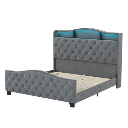 Gray Tufted Velvet Upholstered Queen Bed Frame With Lights USB And Shelves HomeRoots