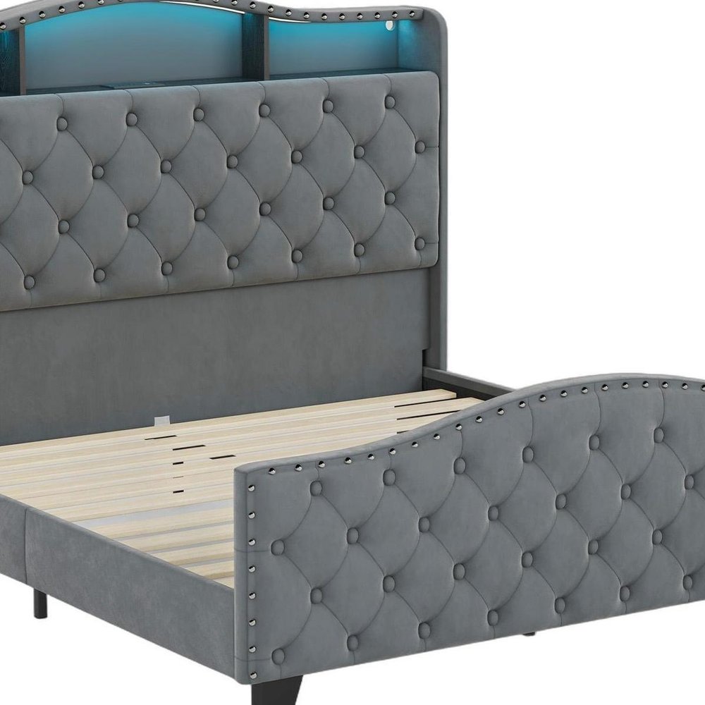 Gray Tufted Velvet Upholstered Queen Bed Frame With Lights USB And Shelves — view 8