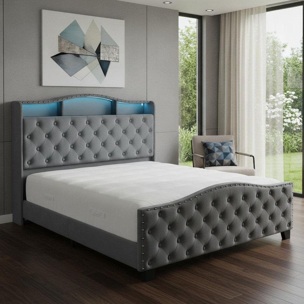 Gray Tufted Velvet Upholstered Queen Bed Frame With Lights USB And Shelves — view 9