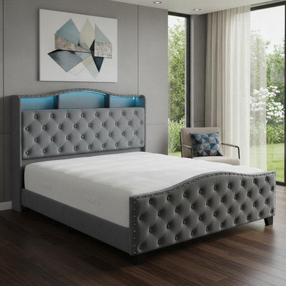 Gray Tufted Velvet Upholstered Queen Bed Frame With Lights USB And Shelves HomeRoots