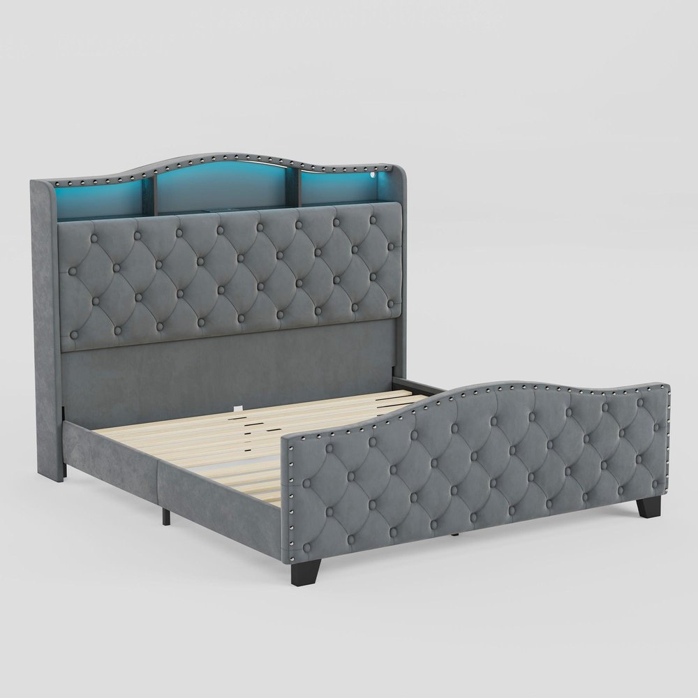 Gray Tufted Velvet Upholstered Queen Bed Frame With Lights USB And Shelves — view 1
