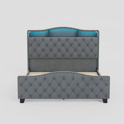Gray Tufted Velvet Upholstered Queen Bed Frame With Lights USB And Shelves HomeRoots
