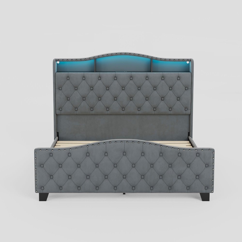 Gray Tufted Velvet Upholstered Queen Bed Frame With Lights USB And Shelves — view 2