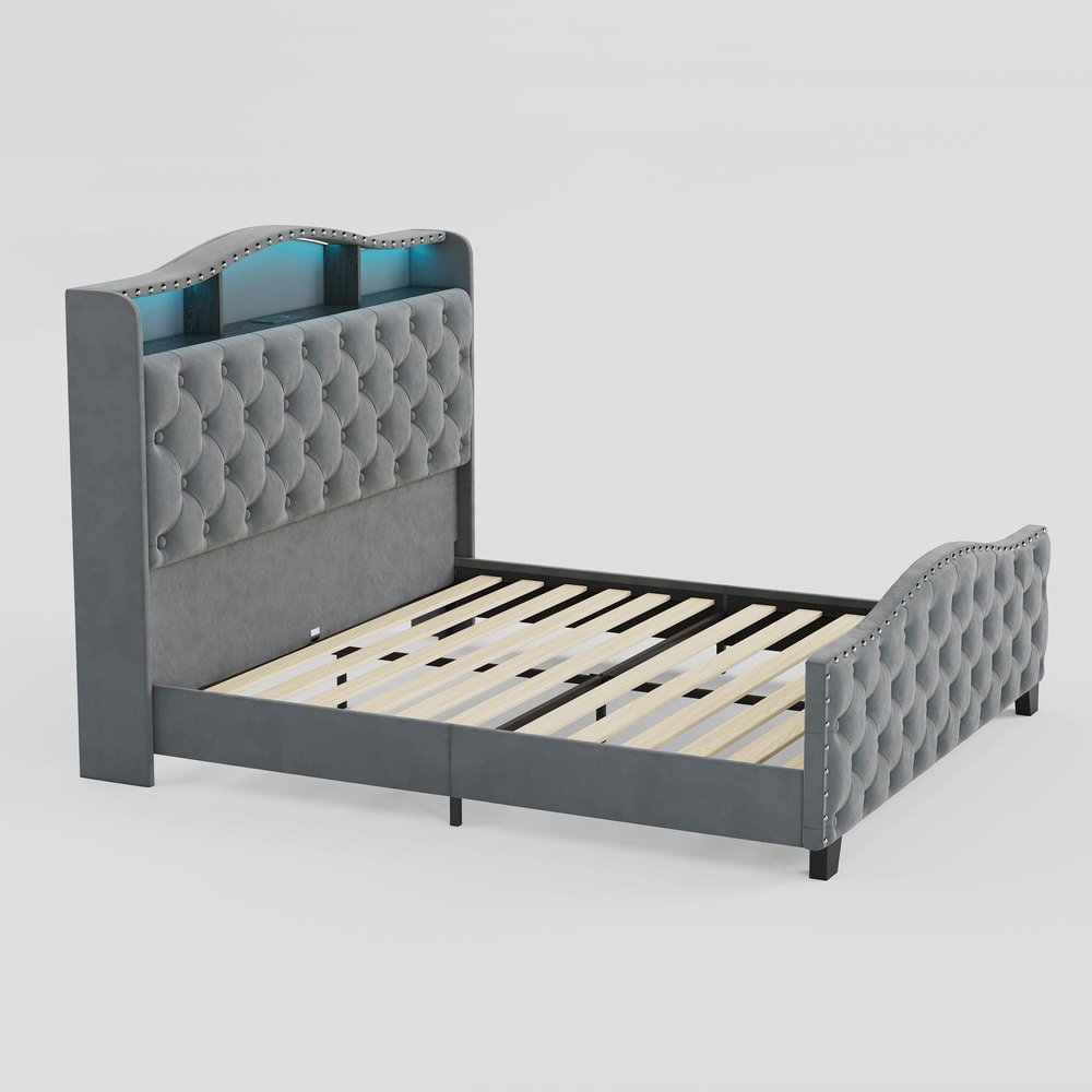 Gray Tufted Velvet Upholstered Queen Bed Frame With Lights USB And Shelves — view 3
