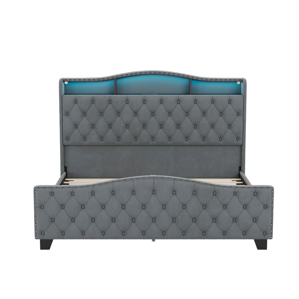 Gray Tufted Velvet Upholstered Queen Bed Frame With Lights USB And Shelves — view 12