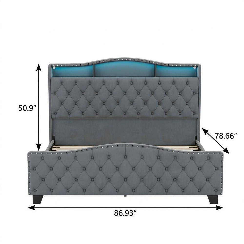 Gray Tufted Velvet Upholstered Queen Bed Frame With Lights USB And Shelves — view 13