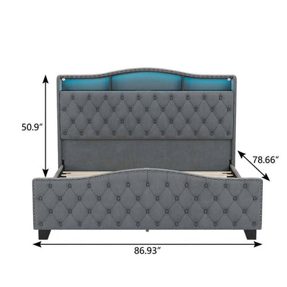 Gray Tufted Velvet Upholstered Queen Bed Frame With Lights USB And Shelves