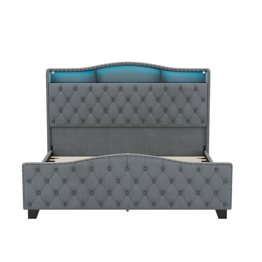 Gray Tufted Velvet Upholstered Queen Bed Frame With Lights USB And Shelves HomeRoots