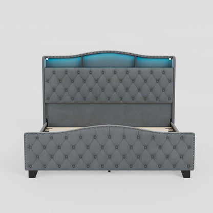 Gray Tufted Velvet Upholstered Queen Bed Frame With Lights USB And Shelves HomeRoots