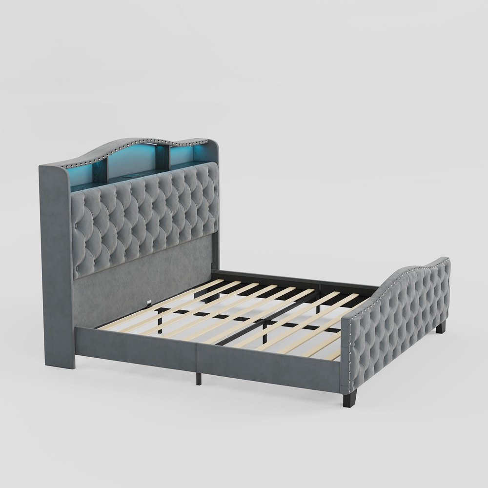 Gray Tufted Velvet Upholstered Queen Bed Frame With Lights USB And Shelves HomeRoots
