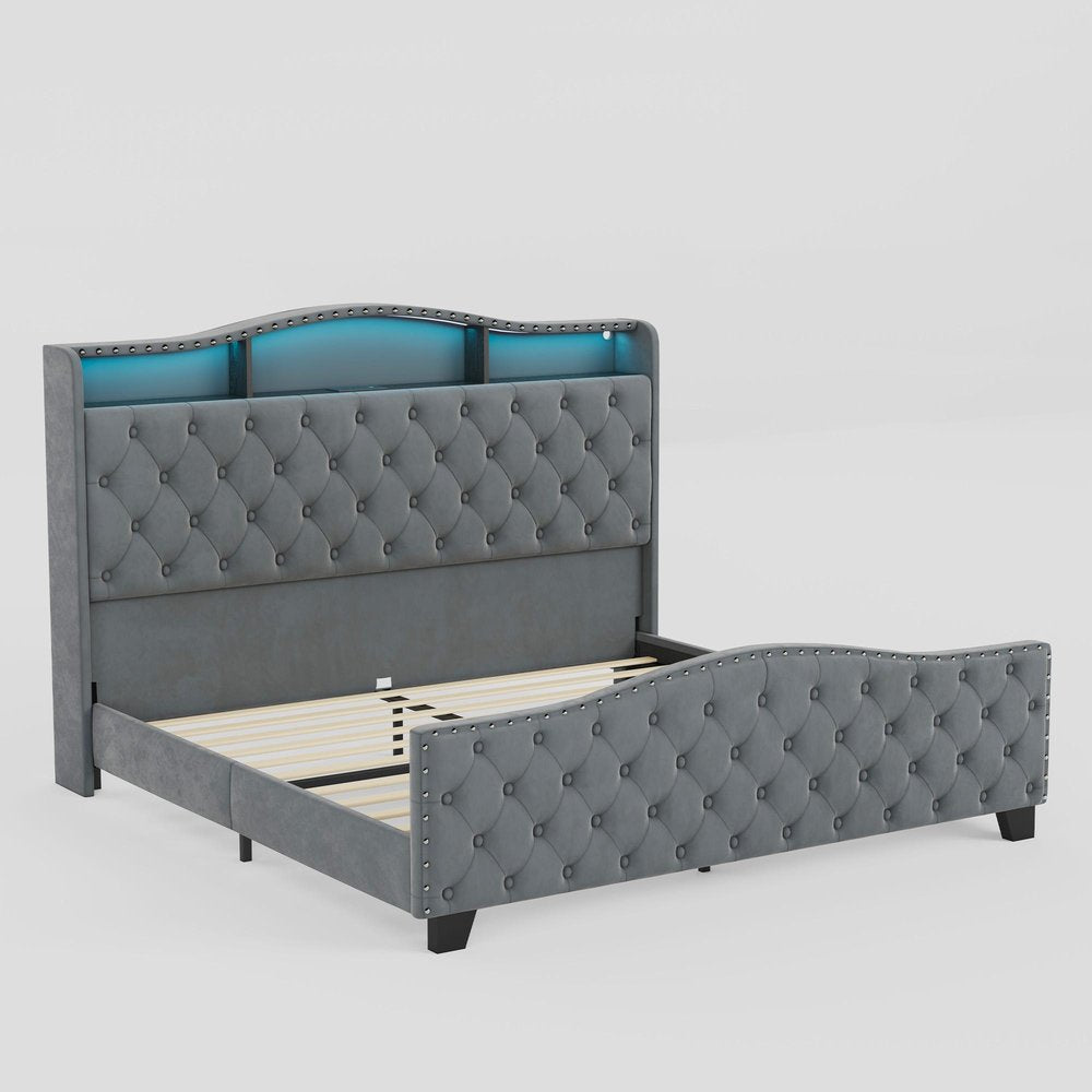 Gray Tufted Velvet Upholstered Queen Bed Frame With Lights USB And Shelves — view 11