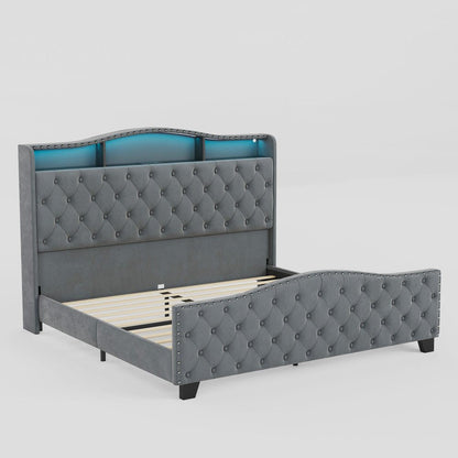 Gray Tufted Velvet Upholstered Queen Bed Frame With Lights USB And Shelves HomeRoots