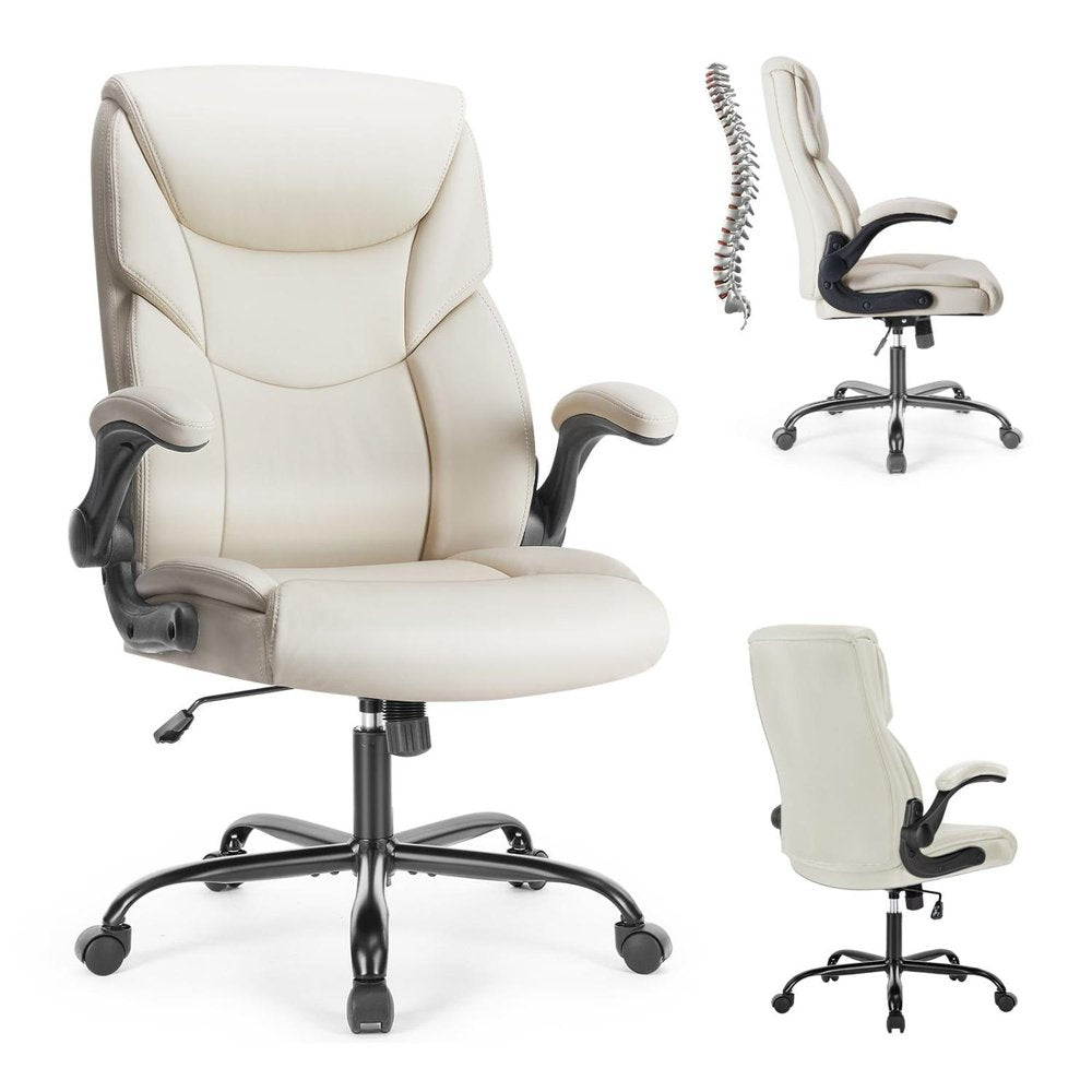 White Faux Leather Swivel Rolling Executive Office Chair HomeRoots