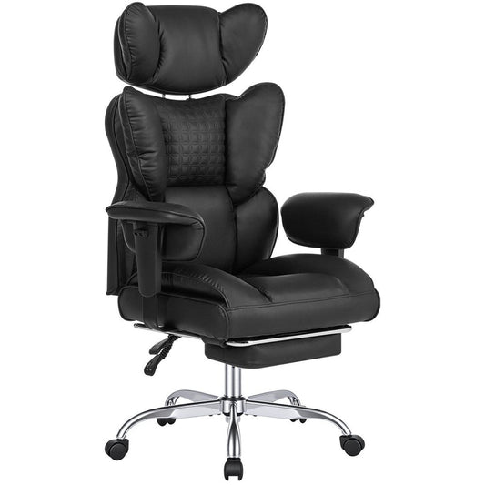 Black Faux Leather Swivel Rolling Gaming Chair With Footrest
