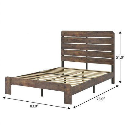 Dark Brown Slat Back Distressed Solid Wood King Bed Frame
