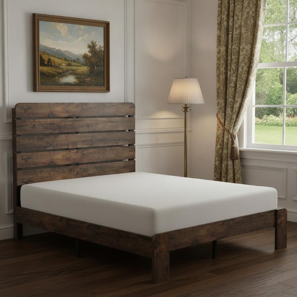 Dark Brown Slat Back Distressed Solid Wood King Bed Frame — view 5